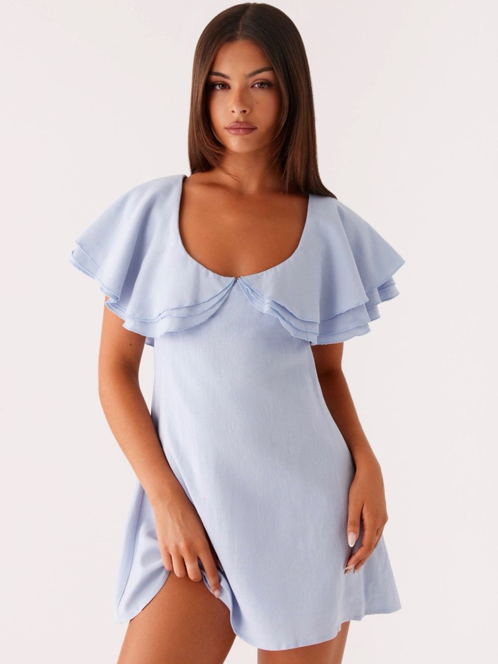 NWT Peppermayo Light Blue Ruffle Linen Mini Dress Size 4